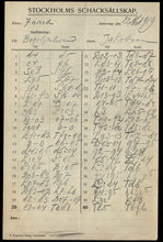 Load image into Gallery viewer, Efim Dmitriyevich Bogoljubow v E Jacobson (score sheet) Schultz Memorial Tournament 1919