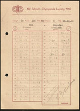 Load image into Gallery viewer, 14th Chess Olympiad, Leipzig 1960. Napoleon Garces v Nicolas Rossolimo (Score sheet)