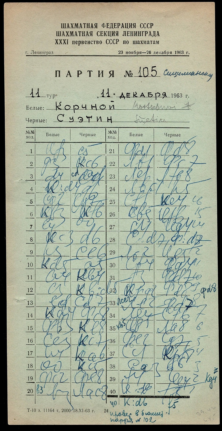XXXI. Championship of the USSR Leningrad 1963 Score Sheet Viktor Lvovich Korchnoi and Alexey Stepanovich Suetin