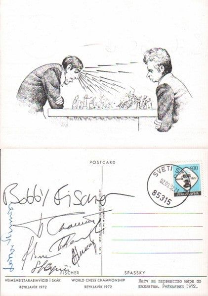 Postcard with a caricature by Halldór Pétursson (on the World Championship fight in Reykjavik 1972)
