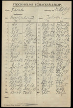 Load image into Gallery viewer, Efim Dmitriyevich Bogoljubow  v E Jacobson (score sheet) Schultz Memorial Tournament 1919
