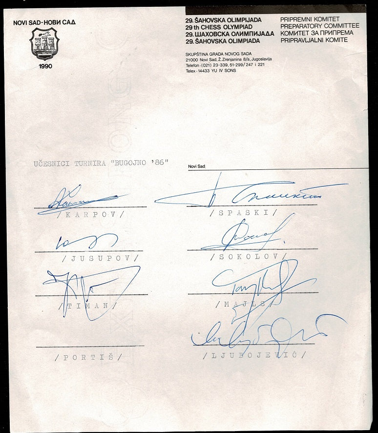 Bugojno 1986. Sheet with the letterhead of the Preparatory Committee of the 29th Chess Olympiad 1990