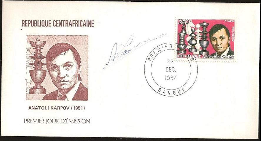 First Day Cover with printed portrait of Karpov, special stamp of the Central African Republic