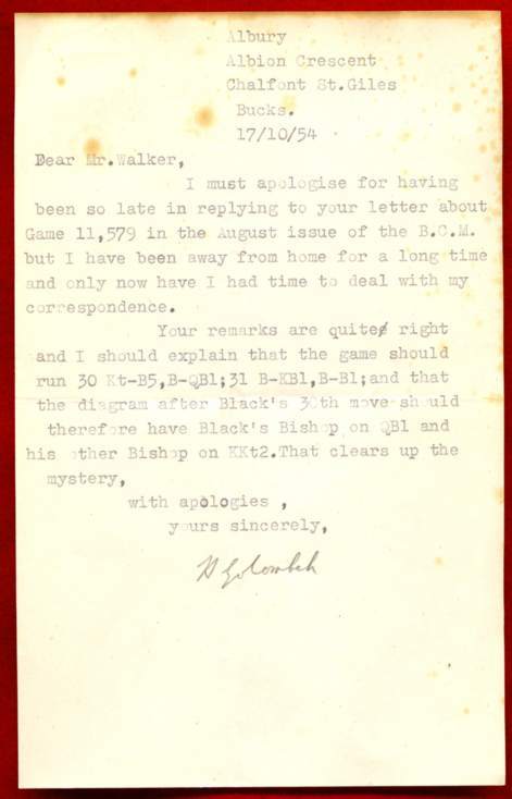 Letter from Harry Golombek to Mr Walker