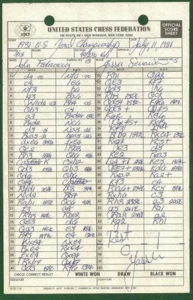 1981 United States Chess Championship and Zonal Qualifier (Score Sheets) John Peter Fedorowicz vs the field