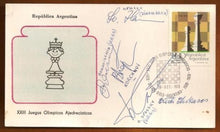 Load image into Gallery viewer, One sheet cover with cancelled stamp of the 1978 Olympiad in Argentina signed by Erich Gottlieb Eliskases; Boris Vasilievich Spassky; Viktor Lvovich Korchnoi; Oleg Mikhailovich Romanishin and Svend Hamann
