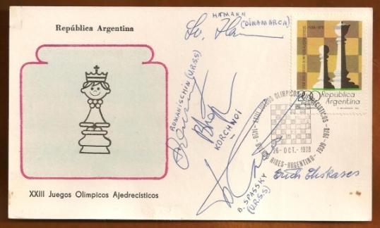 One sheet cover with cancelled stamp of the 1978 Olympiad in Argentina signed by Erich Gottlieb Eliskases; Boris Vasilievich Spassky; Viktor Lvovich Korchnoi; Oleg Mikhailovich Romanishin and Svend Hamann