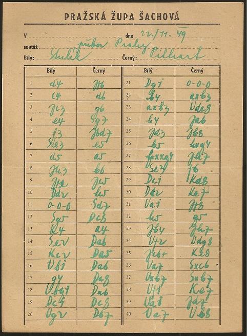 Prague Chess Championship 1949  Vlastimil Stulik vs Frantisek Pithart (Score Sheet)
