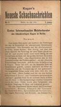 Load image into Gallery viewer, Kagan&#39;s Neueste Schachnachrichten Schachzeitung (Berlin Internationales Meisterturnier 1920
