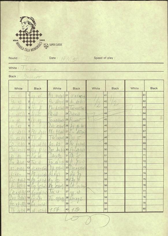 1st International Tal Memorial Chess tournament Riga 1995 Jan Timman v Artur Yusupov (Score Sheet)
