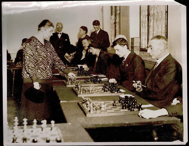 5 photographs Relating to Chess including Vera Menchik in a Simultaneous Exhibition